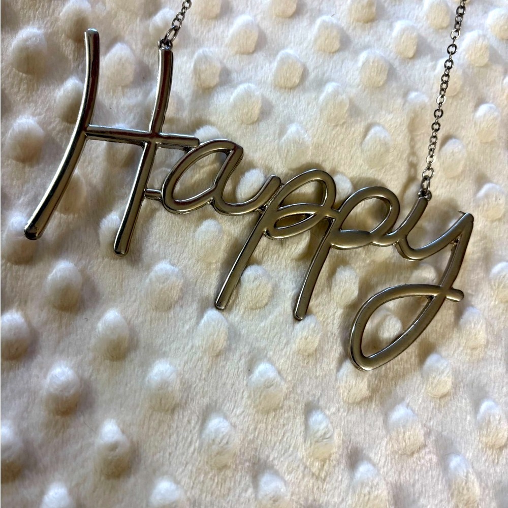 WhimsiGoth Vintage 90s Silver Script "Happy" Nameplate Carrie Necklace  Y2K - Picture 5 of 5